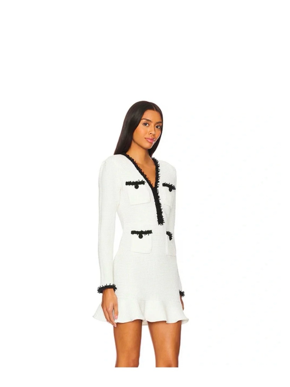 Self-Portrait White Pearl Trim Knit Mini Dress